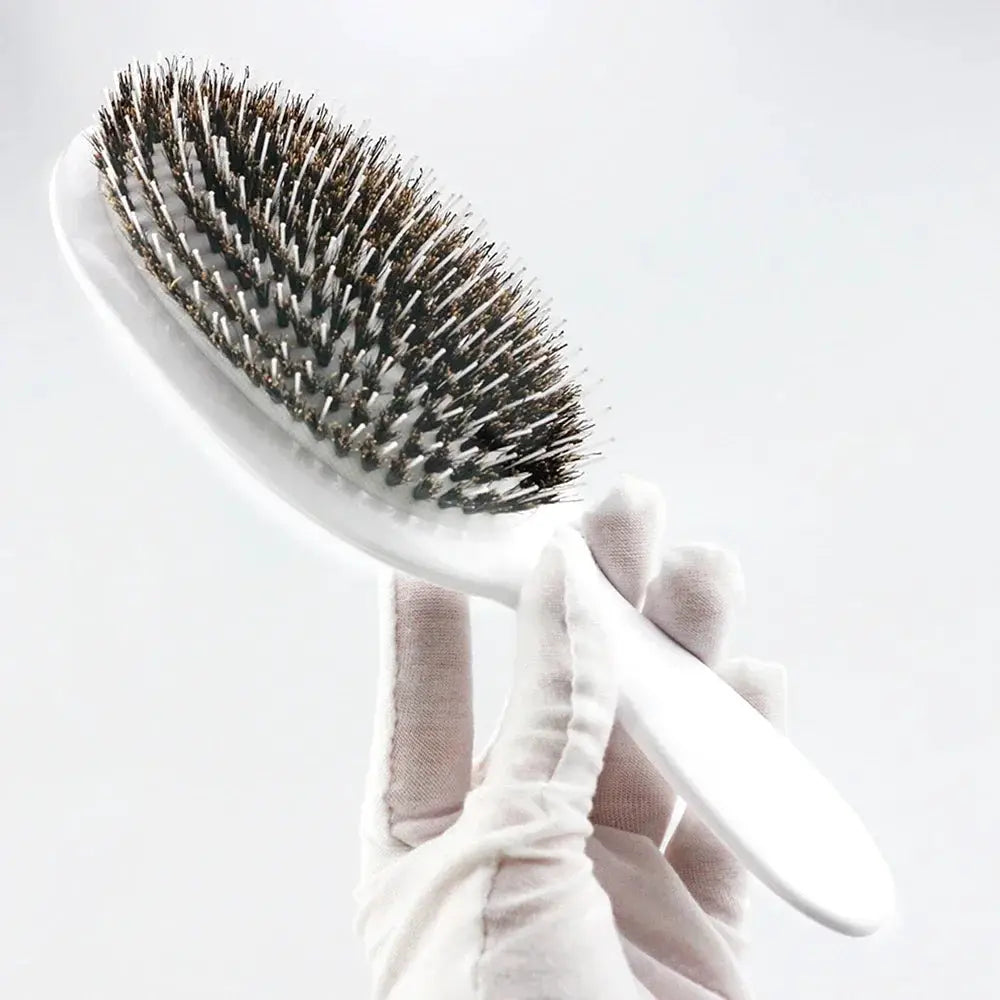 Oval paddle hair brush with boar bristles and white handle, anti-static