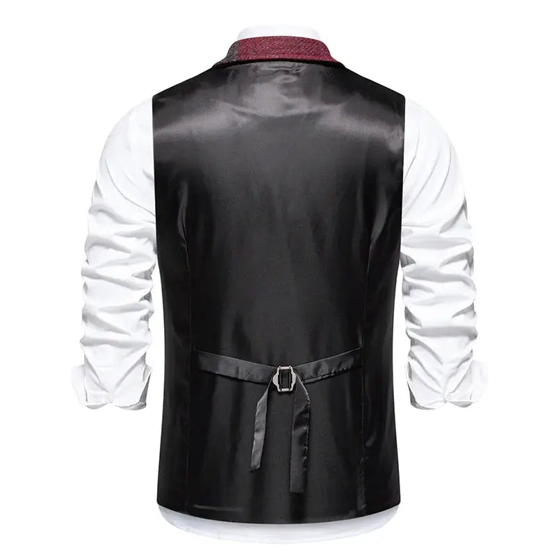 Men's waistcoat back view with black satin back and belt worn over white shirt sleeves