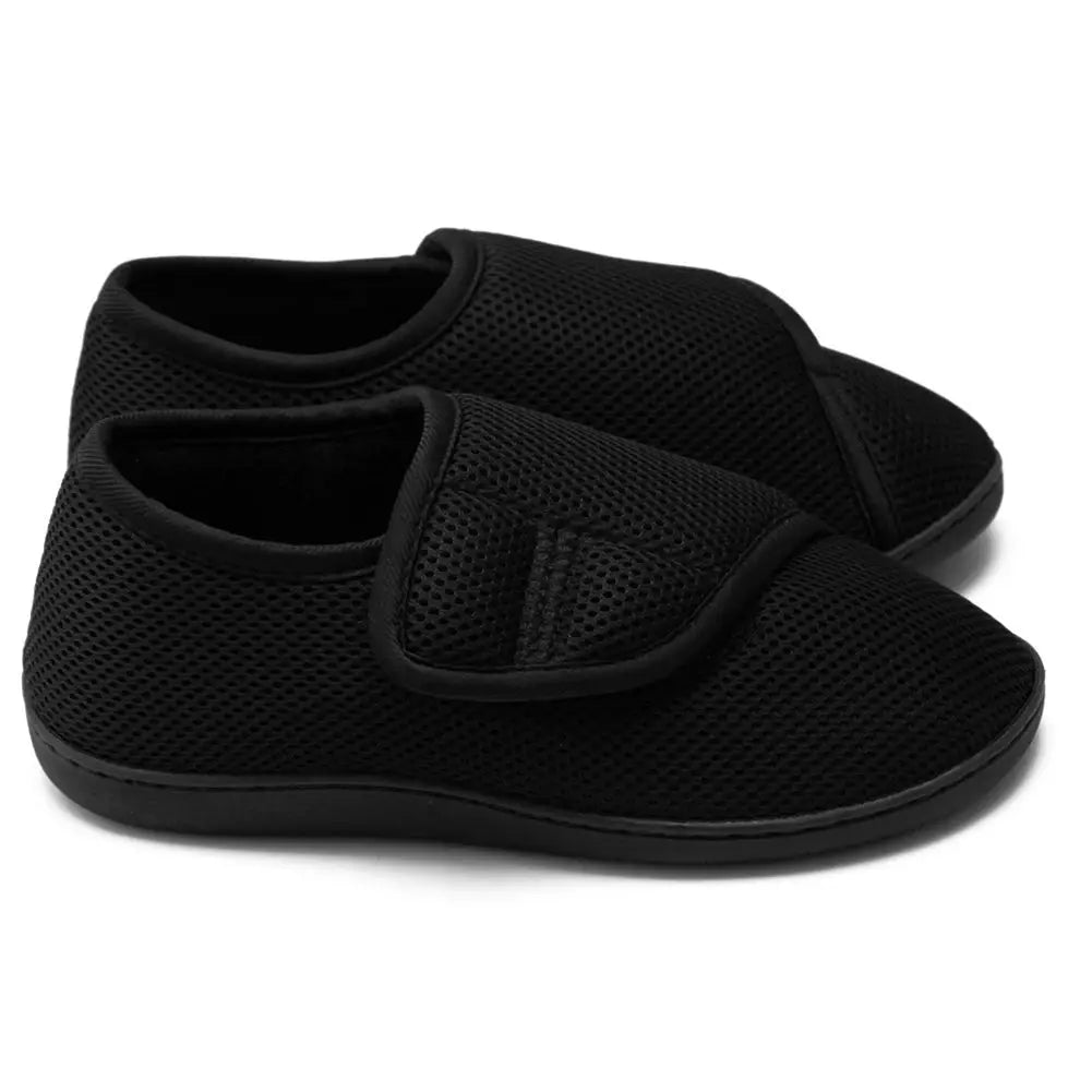 Unisex diabetic wide walking shoe pair, black mesh with Velcro strap and plush lining by Simples Market.