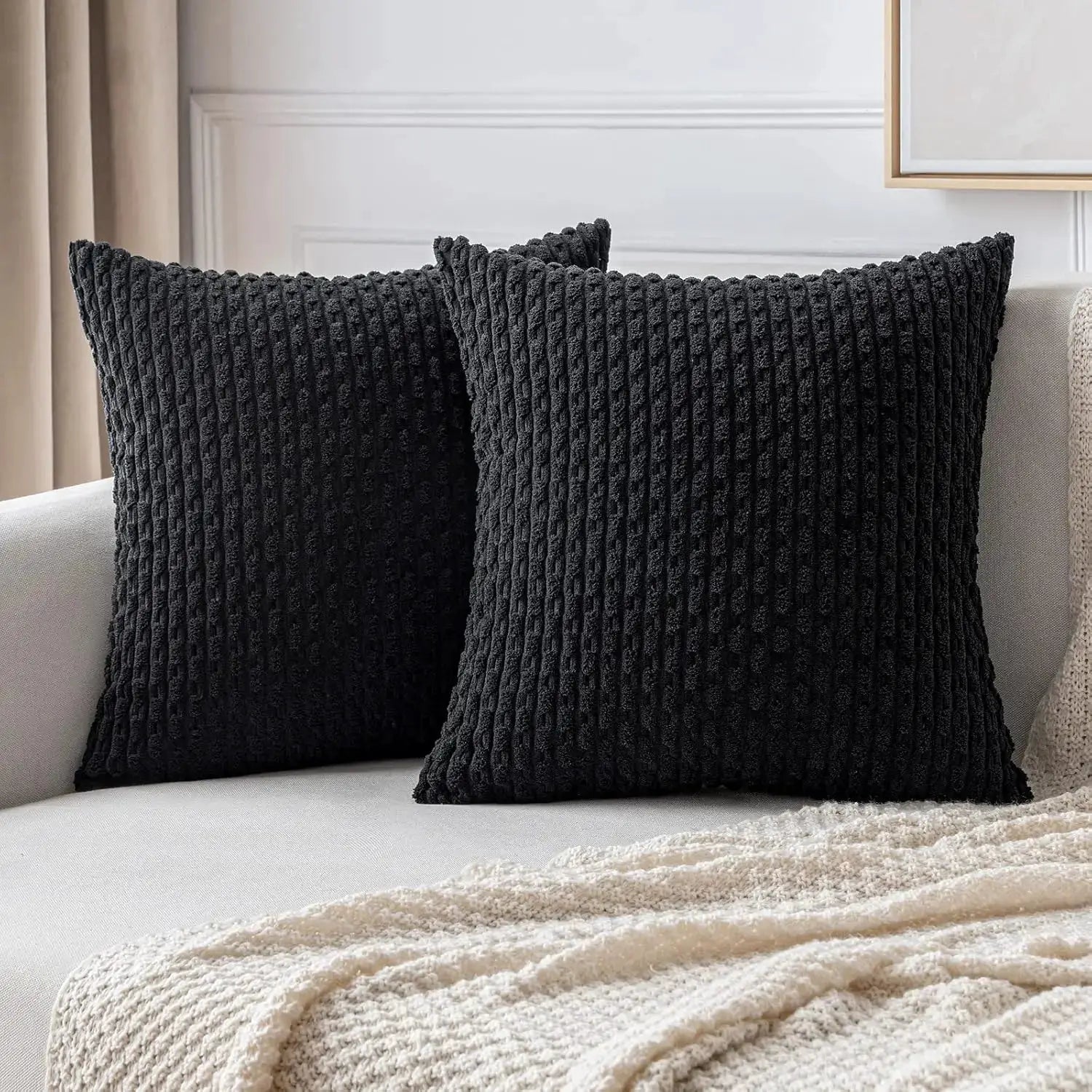 Throw pillow covers, set of two in black corduroy for sofa or bed, fall farmhouse decor.