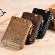 Three men's leather zip wallets in tan, brown and black with RFID protection by Simples Market
