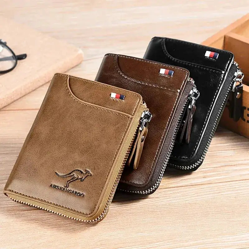 Three men's leather zip wallets in tan, brown and black with RFID protection by Simples Market