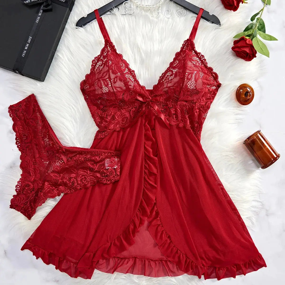 DreamLace 2 Piece Lace Nightgown Set With V Neck Bra And Panty Transparent Split Design For Summer Comfort