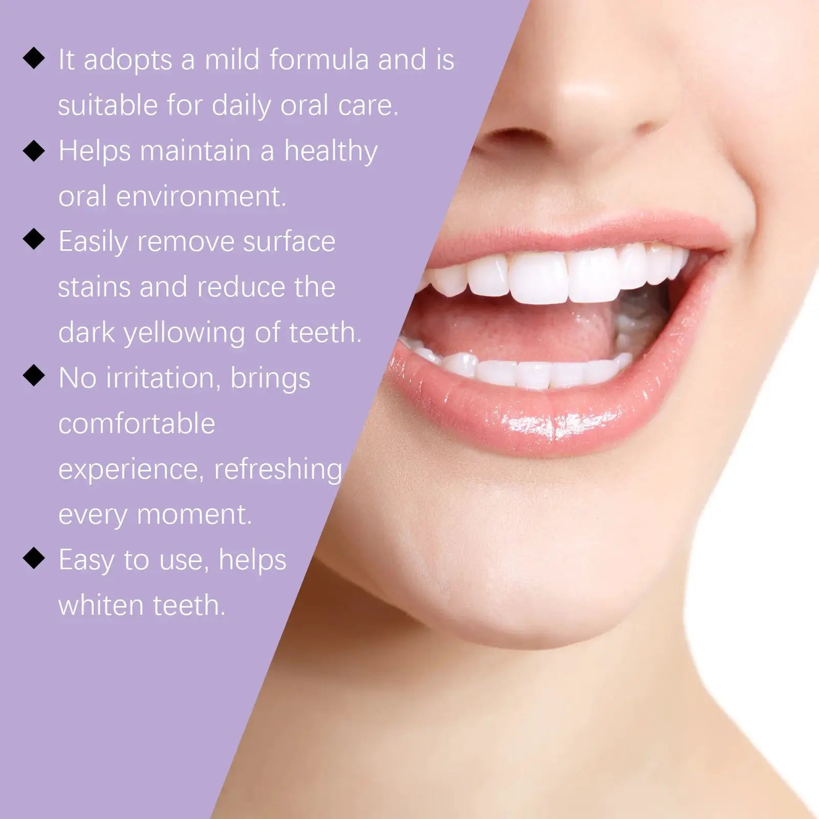 Teeth whitening toothpaste by Simples Market; purple design with close-up of a smiling mouth.
