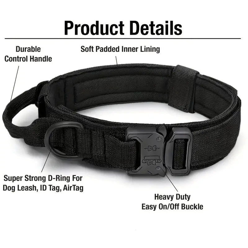 Tactical dog collar by Simples Market, adjustable nylon trainer with control handle and heavy-duty metal buckle, black