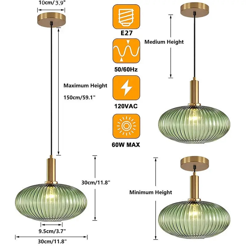 Nordic Glass Pendant Light Cognac color with ribbed glass shade and brass hardware, E27 by Simples Market