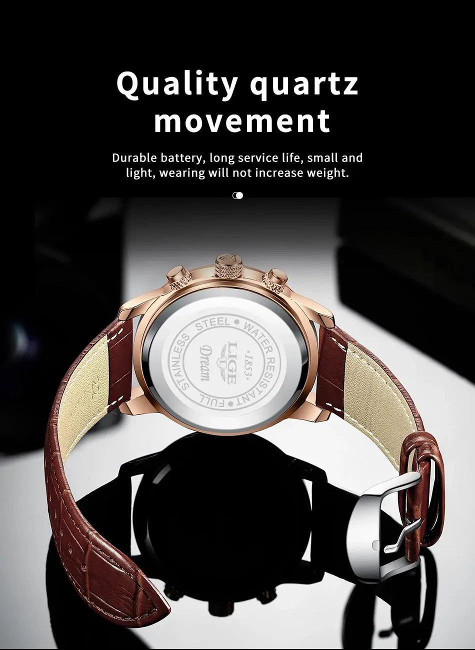 LIGE men's quartz watch with rose-gold case and brown leather strap, stainless steel back, Simples Market