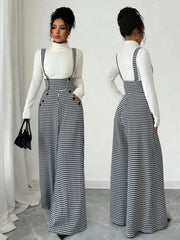 Overalls for women by Simples Market, black-and-white houndstooth wide-leg suspender pants