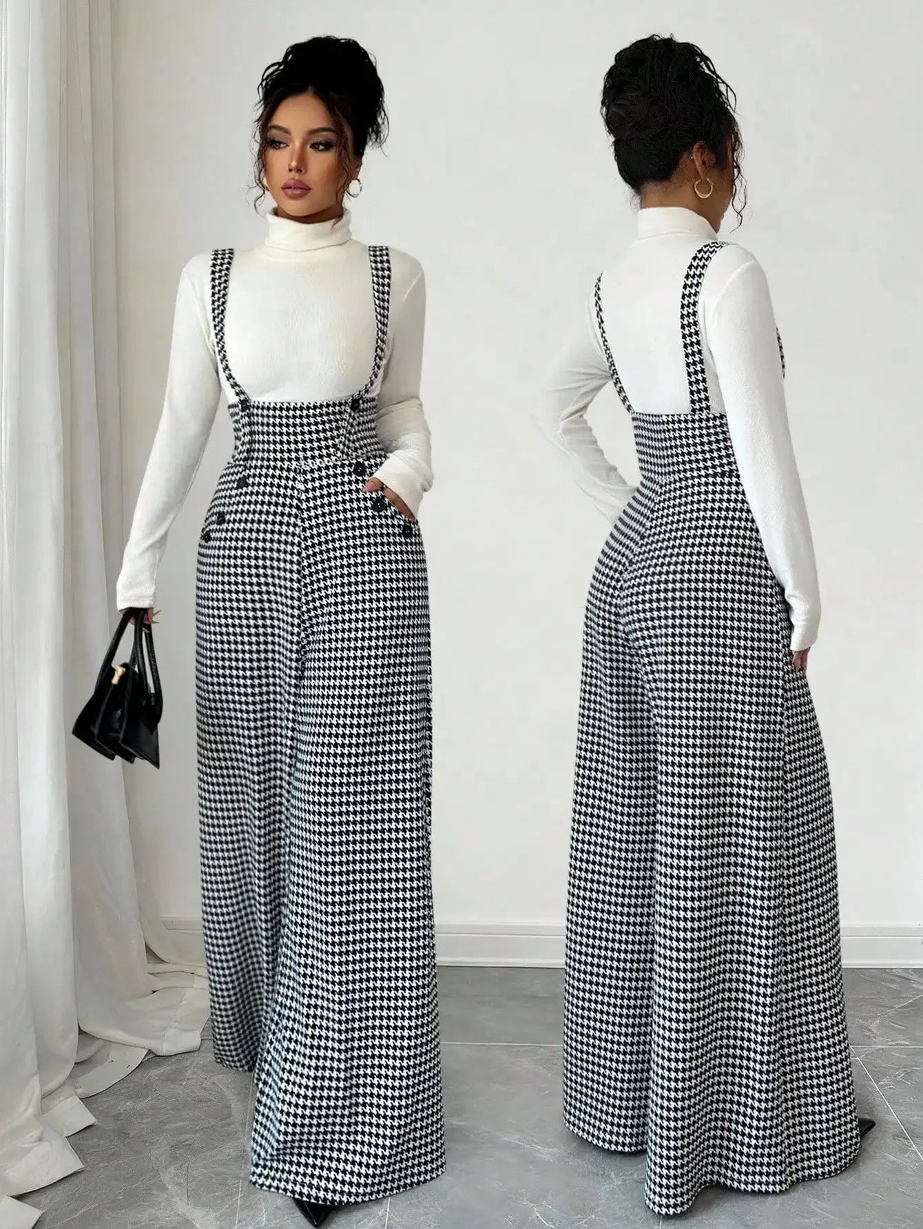 Overalls for women by Simples Market, black-and-white houndstooth wide-leg suspender pants