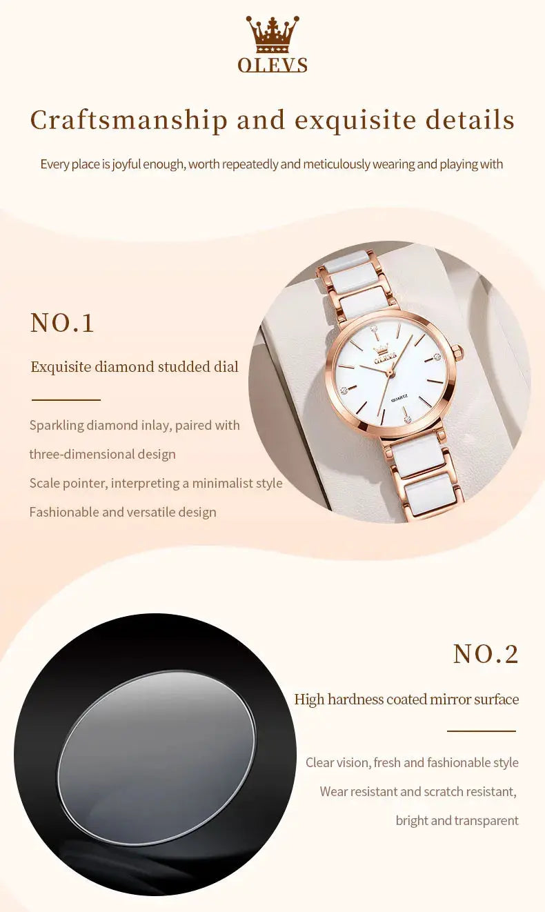 OLEVS women's wrist watch with rose-gold case, white dial, white link strap and quartz movement.