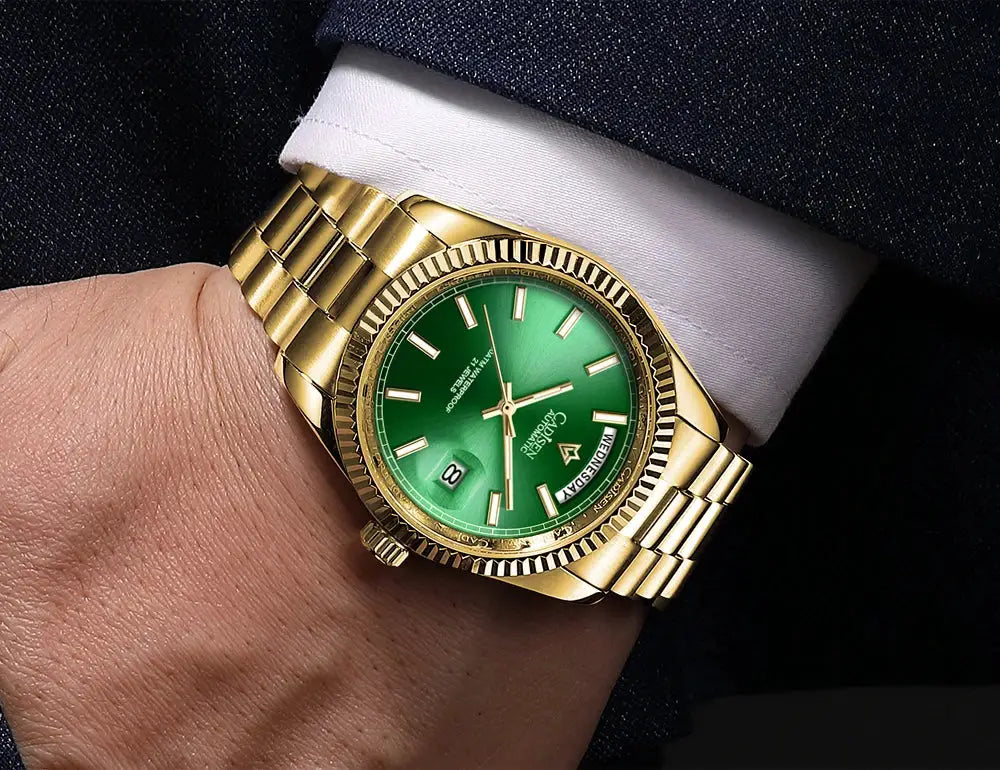 CADISEN DD40 men's gold-tone automatic watch with green dial and date window