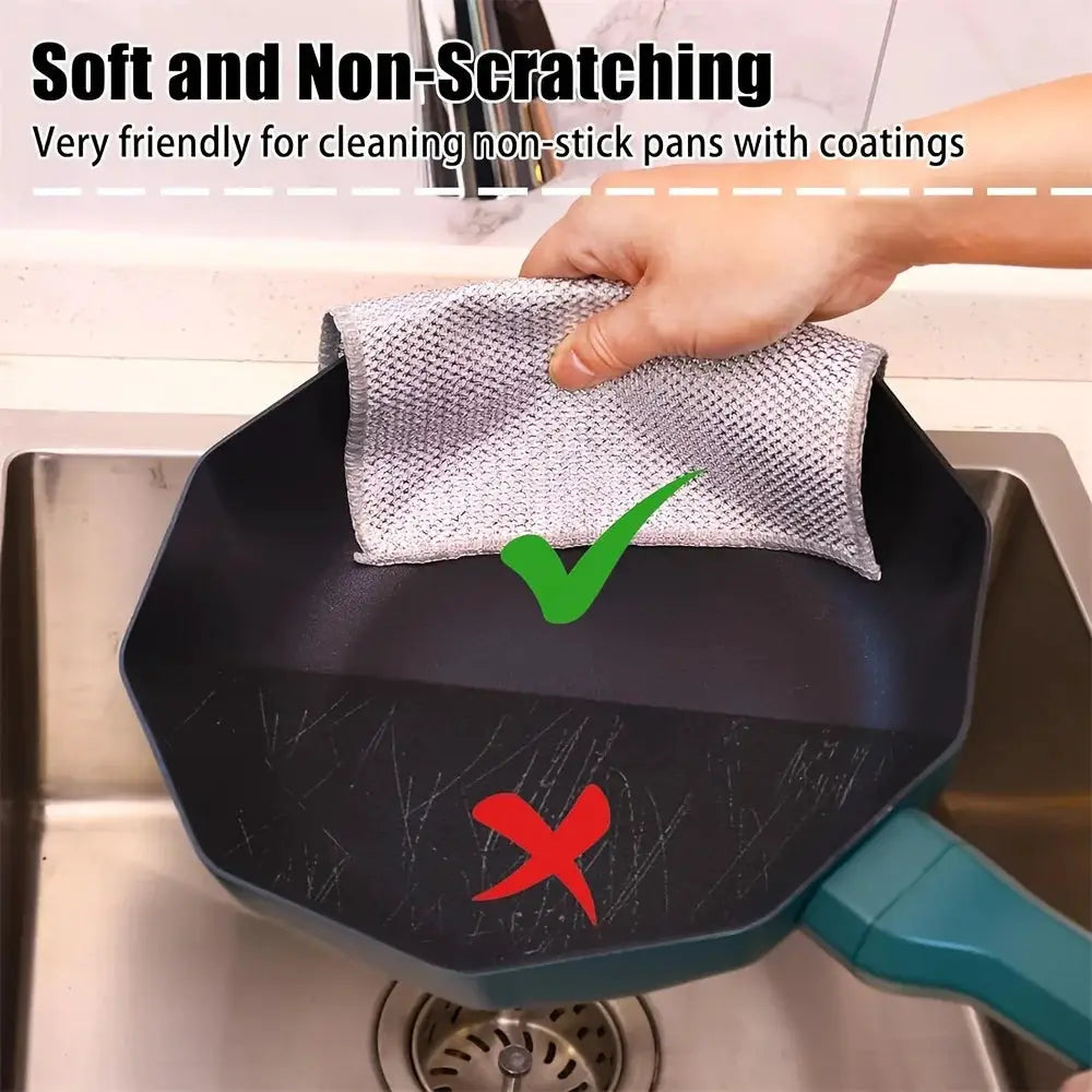 Simples Market silver microfiber mesh dishcloth, thickened double-layer non-scratch cleaning cloth for pans