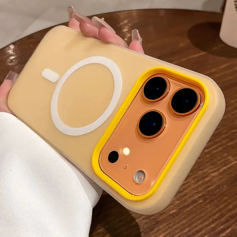 Liquid silicone MagSafe 2-in-1 bumper case for iPhone, beige outer shell with yellow camera ring