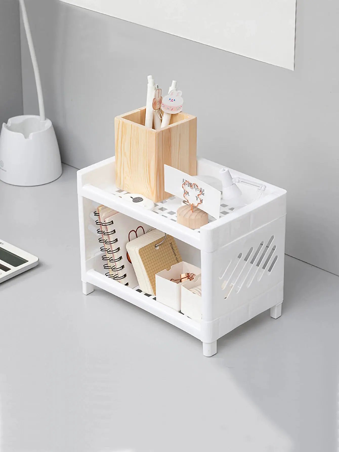 PP Desktop Double Layer Storage Rack Rectangular White For Desk Office Cosmetics Stationery Organization