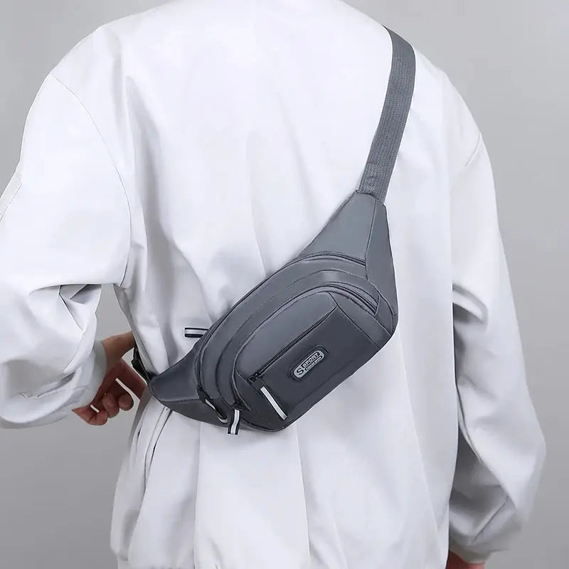 Simples Market men's gray waist bag with multiple zipper pockets and slim crossbody strap