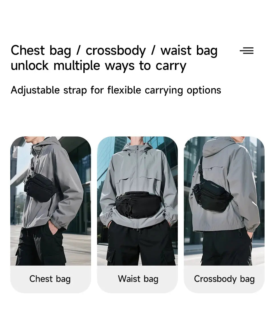 Tigernu chest bag set in black by Simples Market, adjustable strap crossbody/waist bag, shown in 3 styles