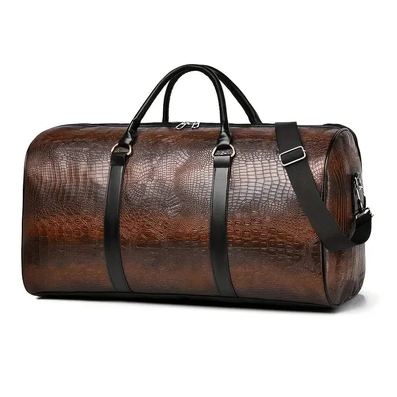 Duffel bag by Simples Market; large capacity crocodile-textured leather with black handles and detachable shoulder strap