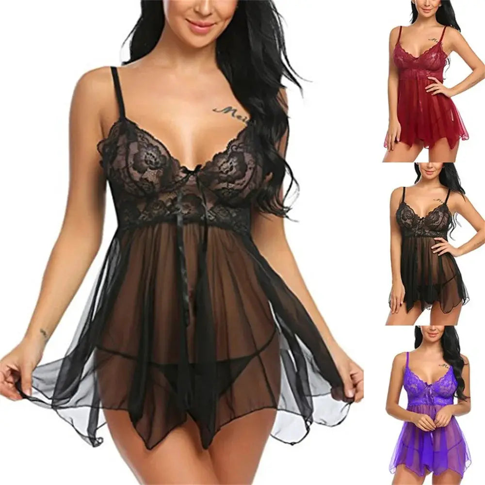 LingerieLux Crotchless Sleepwear Nightgown With Sheer Floral Lace G String Set For Seductive Nights