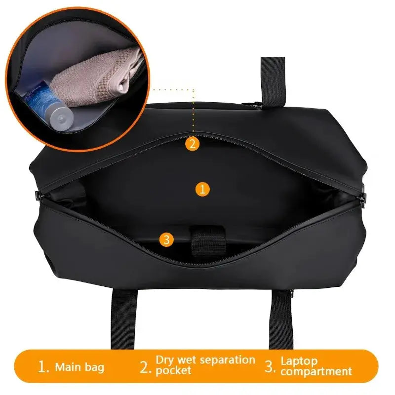 Black large-capacity travel duffel bag with a dry/wet separation pocket and laptop compartment