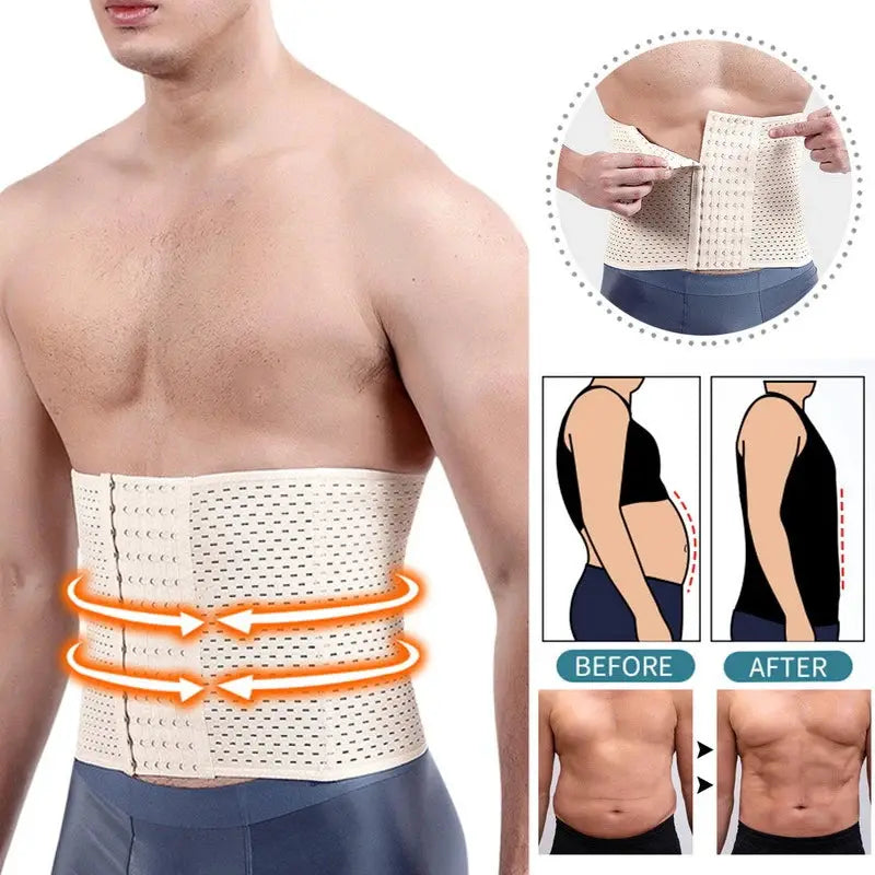 Men's slimming waist trainer belt in beige perforated fabric for tummy control shapewear