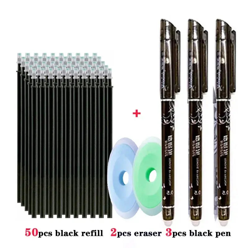 Erasable gel pen set with 50 black refills, 2 erasers, and 3 black pens