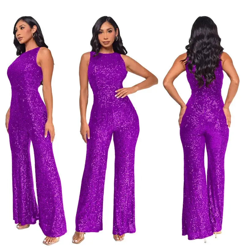 Women's sparkling purple sequin jumpsuit, sleeveless, high-waist, seamless fit, Simples Market