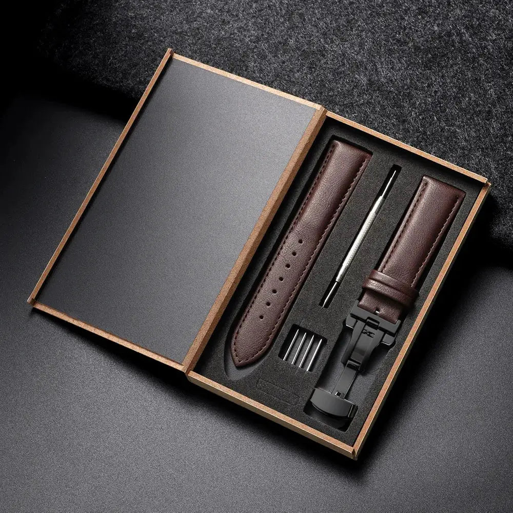 Genuine Leather Watchband 14 16 18 20 22 24mm With Automatic Butterfly Buckle For Men And Women Gift Box