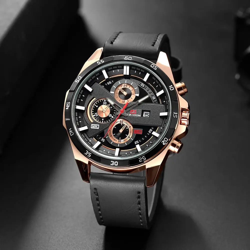 Men's 46mm Sports Style Leather Racing Band Quartz Calendar Watch For Precise Timekeeping