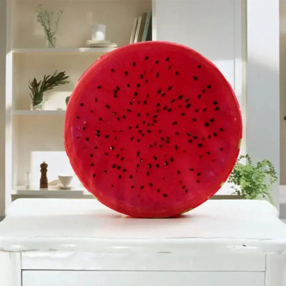 Watermelon-shaped round pillow cushion by Simples Market; red fruit print, 33/40 cm for living room decor