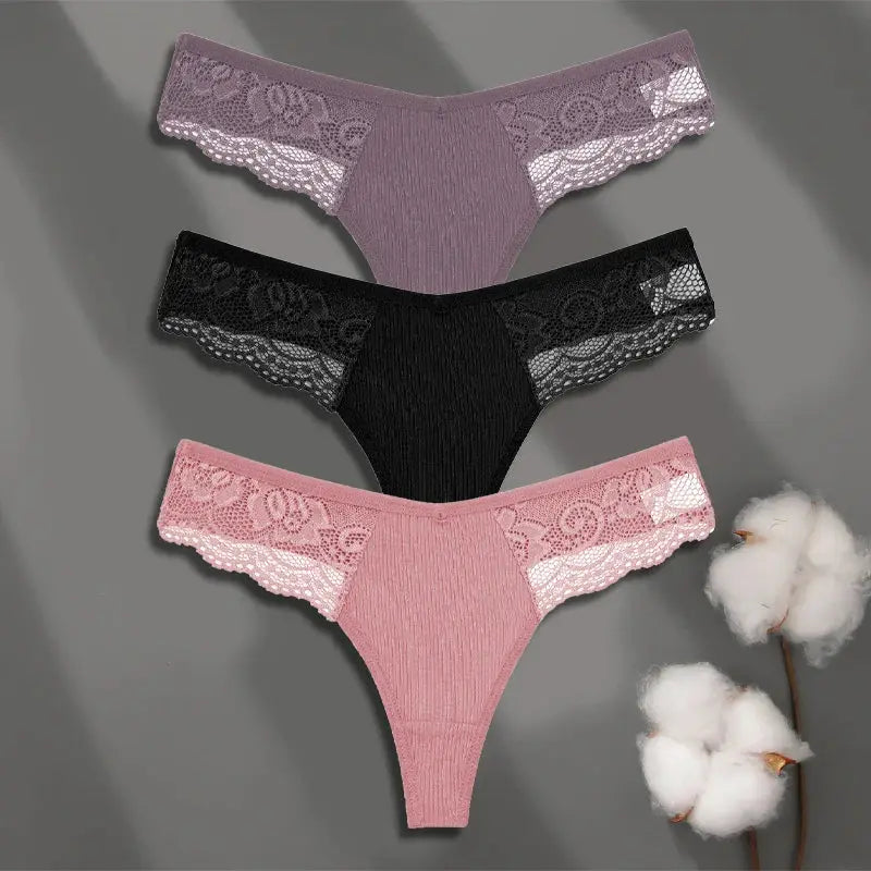 3-pack women's cotton lace thong panties, low-rise, in purple, black and pink, by Simples Market FINETOO