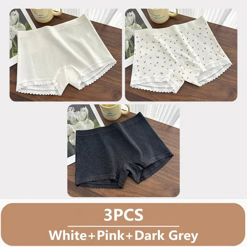 Simples Market 3-pack women's mid-waist lace-trim boxer panties in white, pink floral, and dark gray.