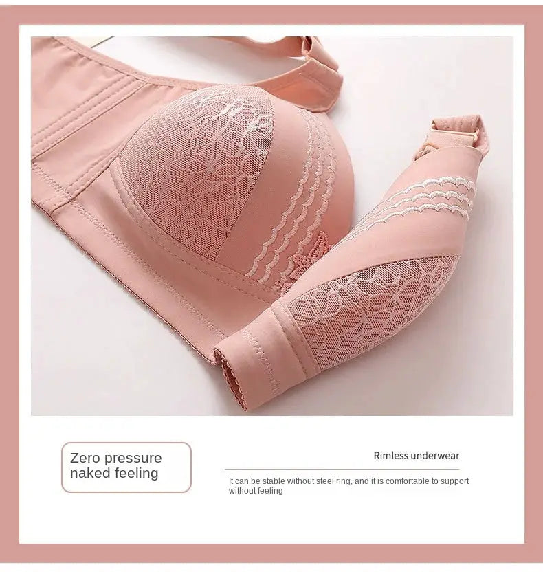 Pink lace longline bra, non-underwire, breathable soft cups with wide fabric band