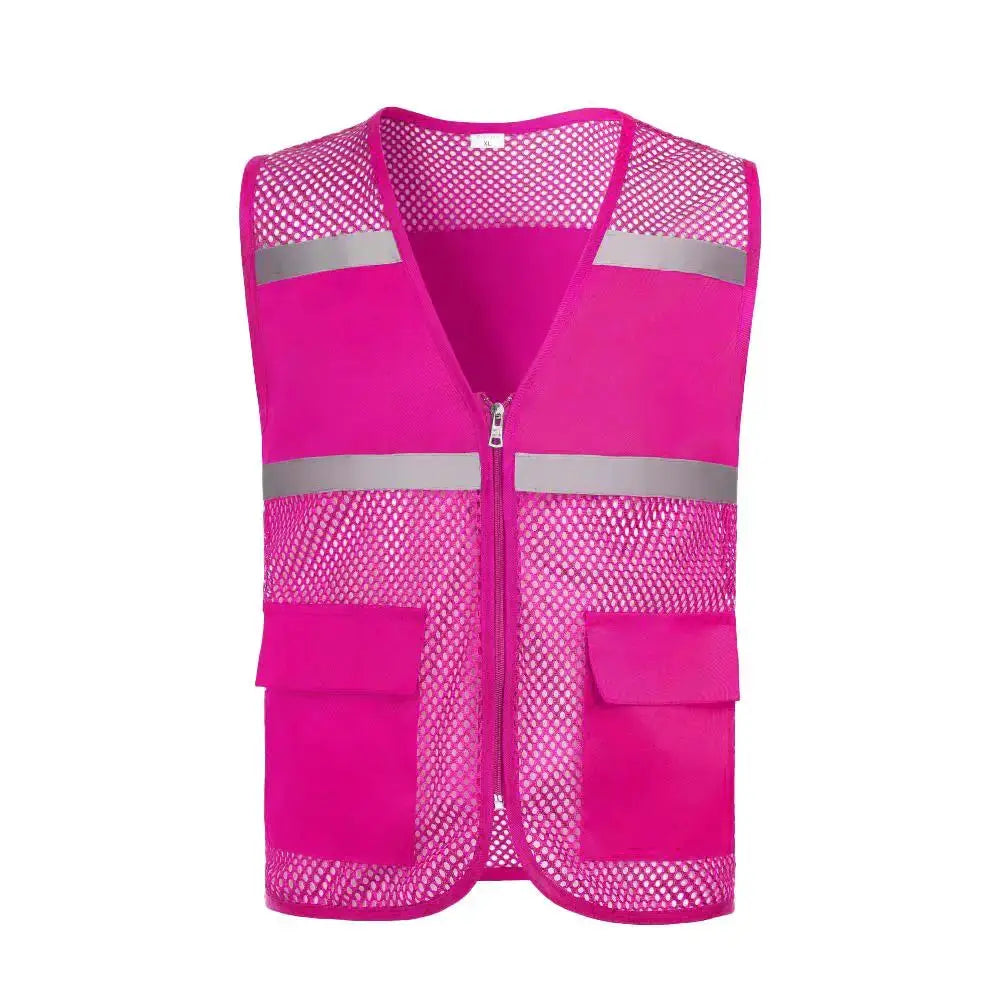 Pink mesh safety vest with reflective stripes, full-zip front, and two front pockets