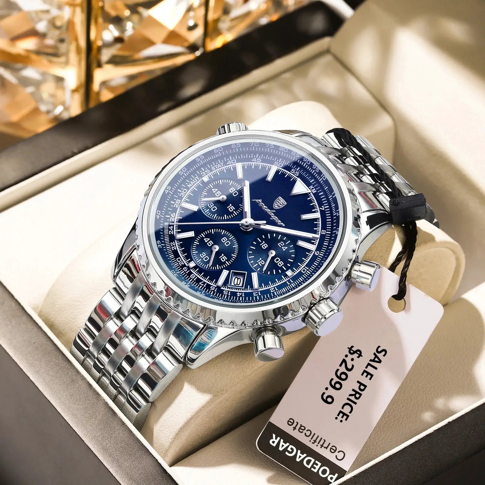 POEDAGAR luxury men's chronograph watch with blue dial and stainless steel bracelet