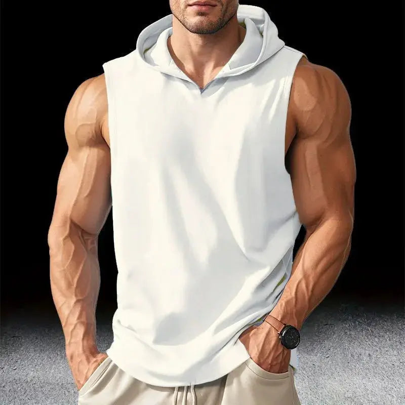 Men's white sleeveless hooded athletic tank top for running and gym