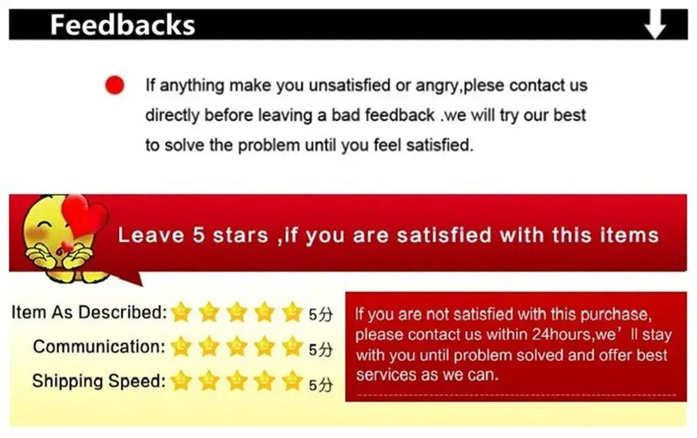 Feedback graphic prompting 5-star reviews with a red banner and a yellow cartoon character.