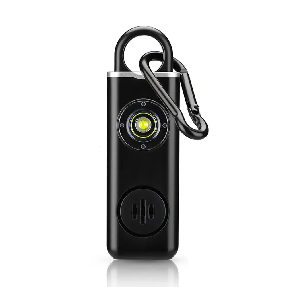 Hollarm self-defense personal alarm with 130dB siren, LED light, black rechargeable keychain with carabiner