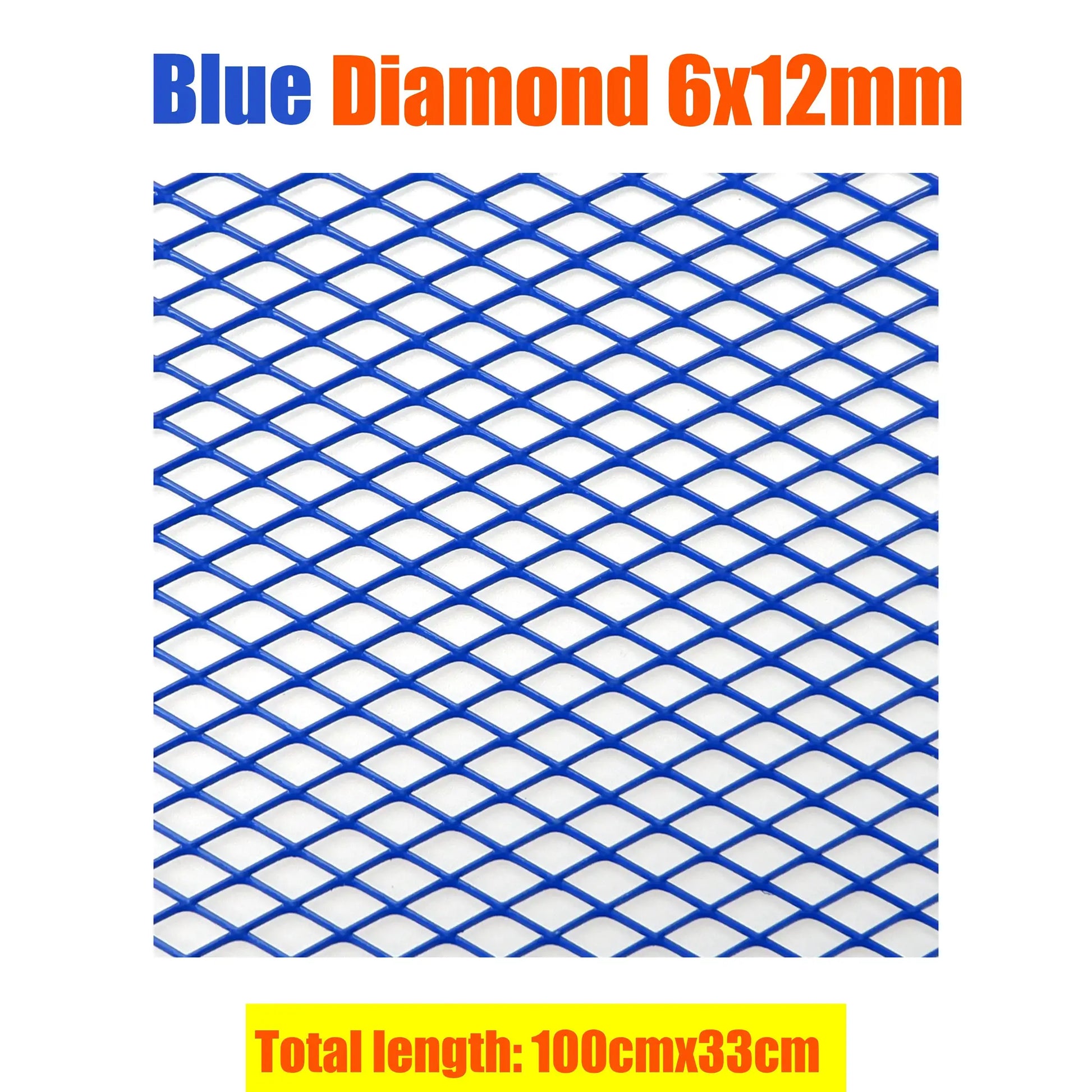 Blue aluminium car bumper grille mesh with diamond pattern, 100x33 cm, 6x12mm diamonds