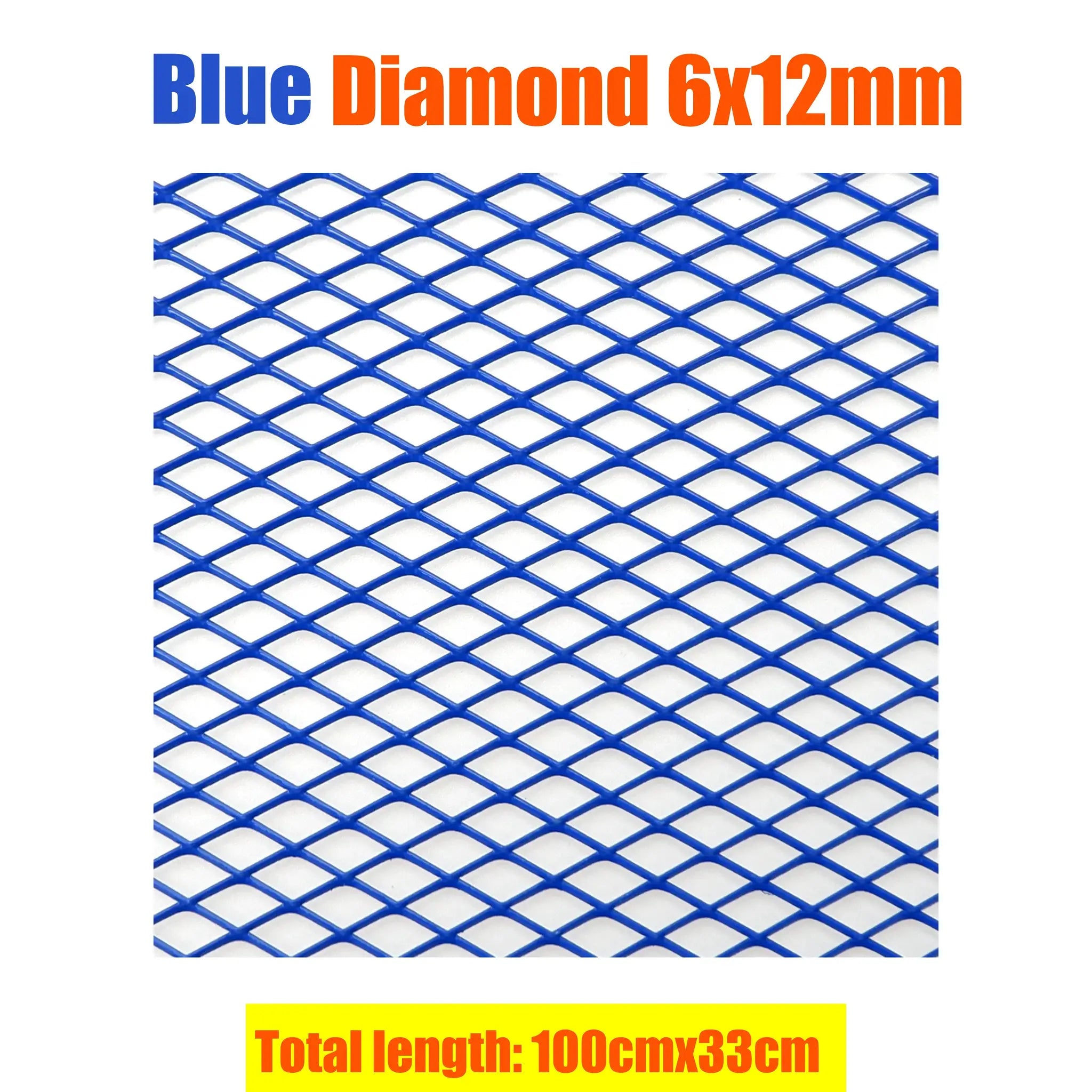 Blue aluminium car bumper grille mesh with diamond pattern, 100x33 cm, 6x12mm diamonds