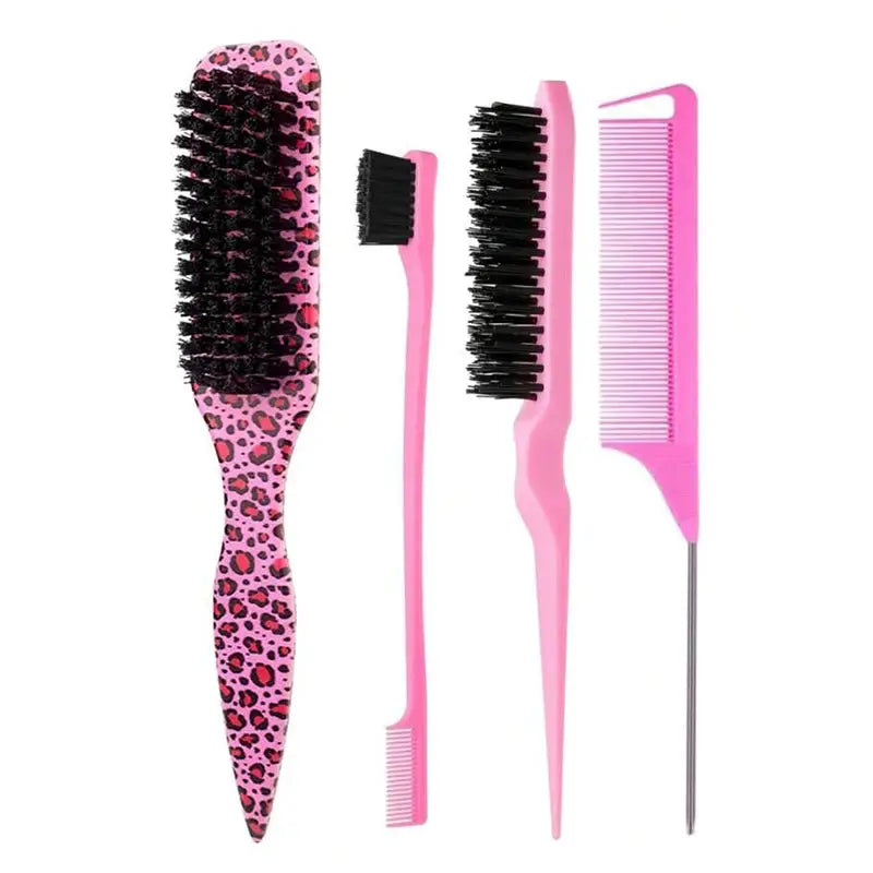 Pink bristle hair brush set for slick-back looks, includes paddle brush, mini brush, backcombing brush, and tail comb