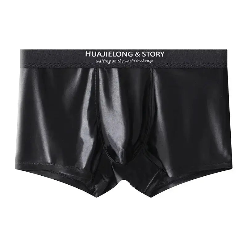 Men's black satin-like boxer briefs with breathable mesh crotch and Huajielong & Story waistband