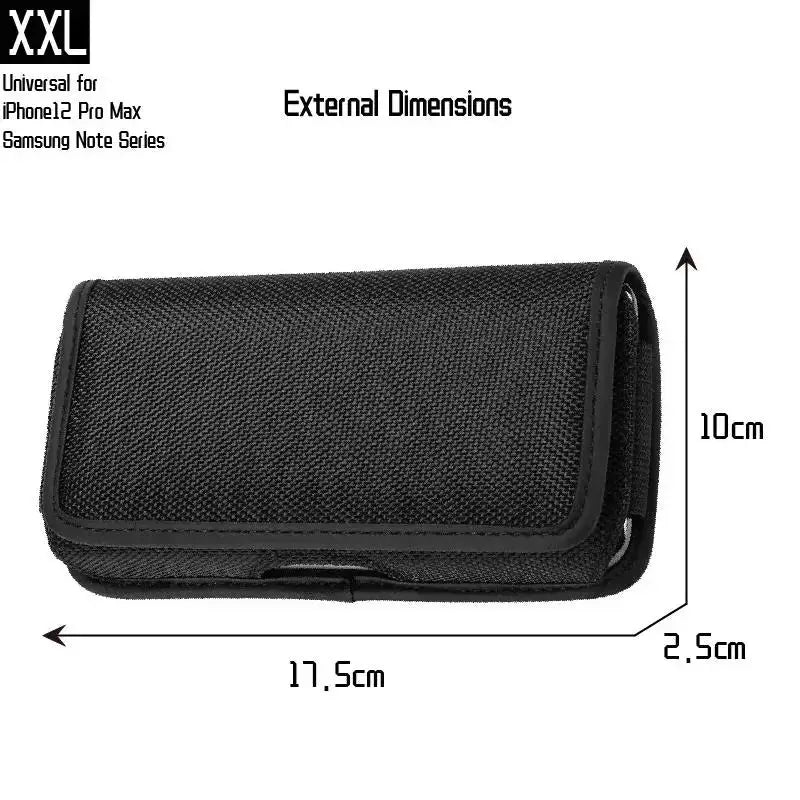 Mobile phone waist bag in black nylon with belt loop; compact fanny pack, 17.5x10x2.5 cm