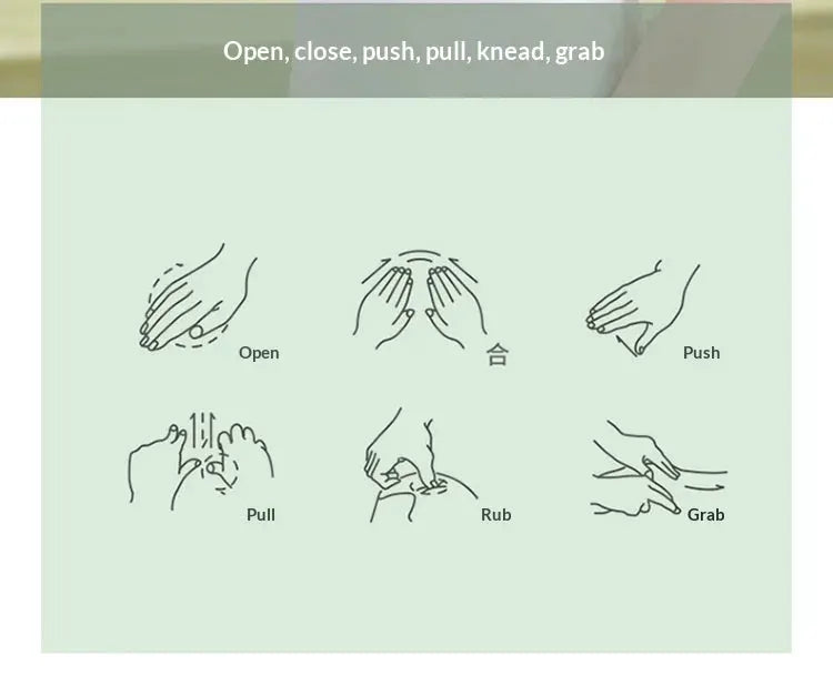 Deep Scalp Massager by Simples Market; six motion icons: open, close, push, pull, knead, grab on pale green background