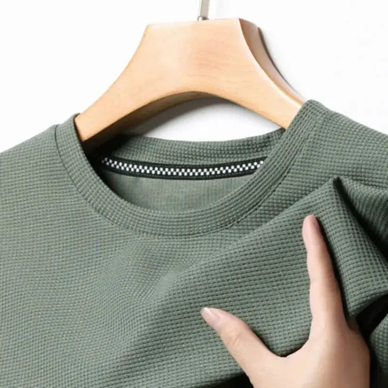 New Summer Waffle Round Neck Short Sleeve T Shirt For Men Comfortable Breathable Everyday Top