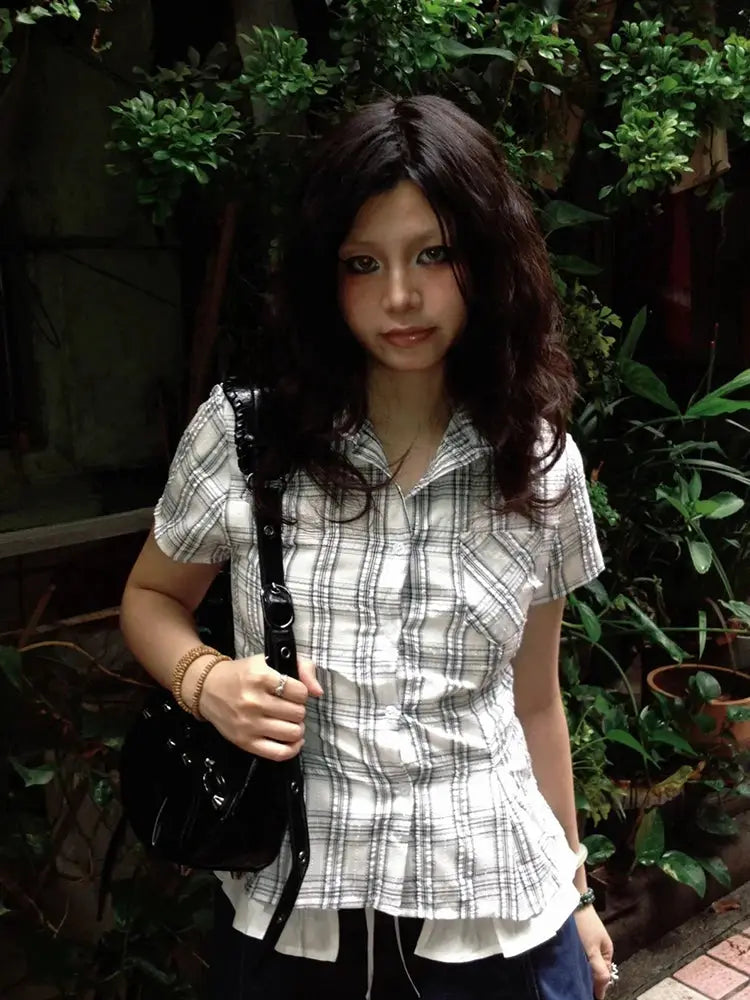 Women's white plaid slim short-sleeve shirt, casual Y2K-inspired streetwear top