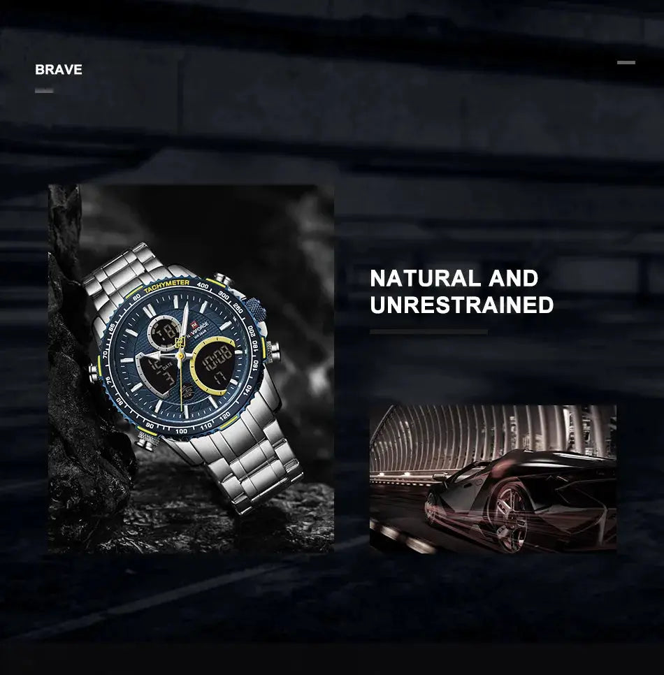 Men's chronograph wristwatch with stainless steel bracelet, blue dial, and tachymeter bezel