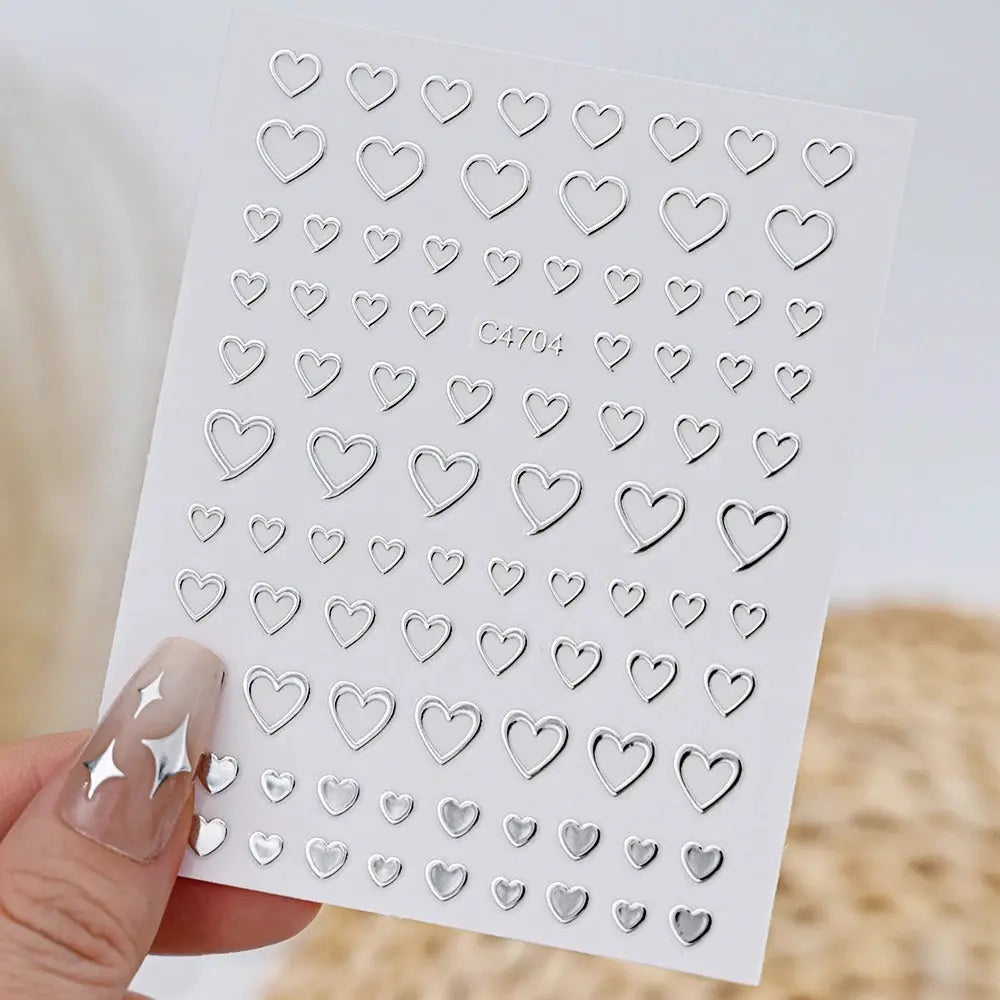 Metal silver heart nail stickers sheet with self-adhesive outline hearts