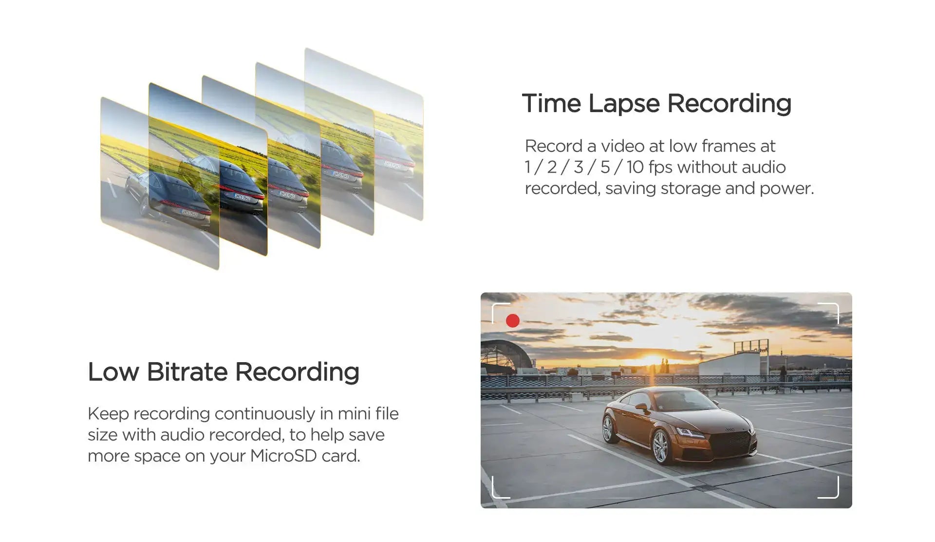 VIOFO A229 PLUS car dash camera by Simples Market; time-lapse recording panels graphic.