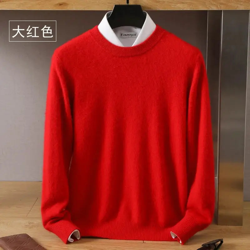Men's red mink cashmere knit sweater, long-sleeve pullover