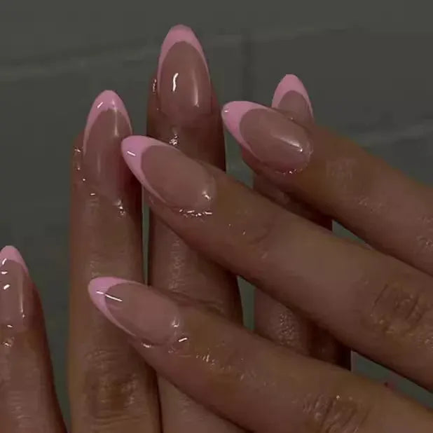 Glamora French Almond False Nails 24 Piece Press On Stiletto Tips With White Edge Design Glue Included For Wearable Glam